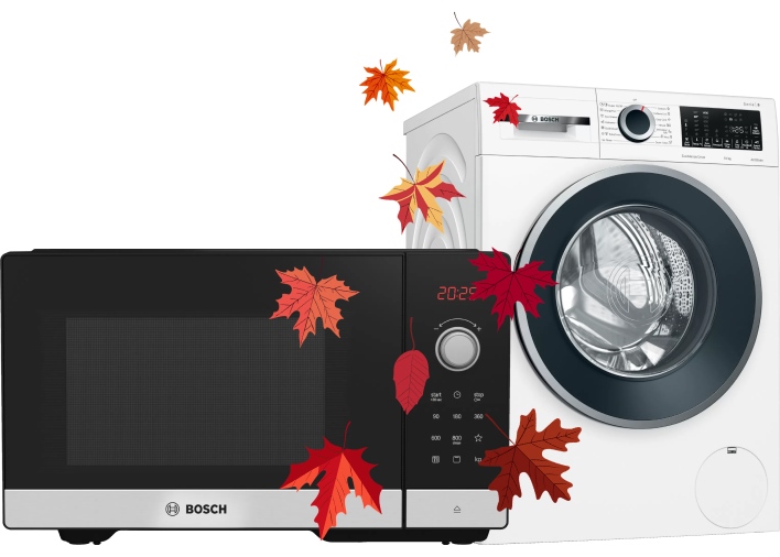 Modern stainless steel dishwasher and white front-loading washing machine surrounded by red and orange autumn leaves.