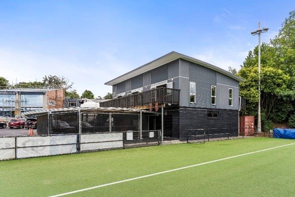 College Rifles sports pavilion exterior beside the artificial turf, Remuera