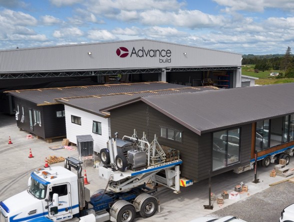 Advance Build factory in Kerikeri, Northland, with a completed building loaded for transport